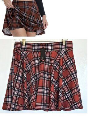 NWT DJT Stretchy High Waist Mini Skater Skirt Shorts Skort XL Fit & Flare Plaid